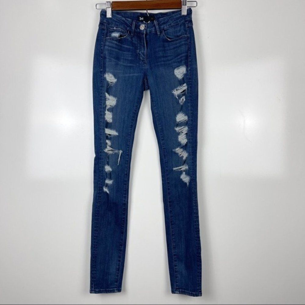 3x1 W2 Distressed Ripped Mid Rise Skinny Jeans Dark Wash Women's Size 24